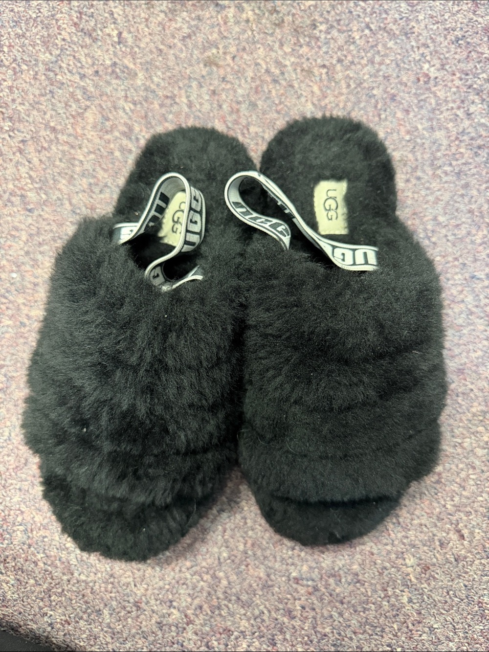 UGG Black Fuzzy Slide Slippers with Logo Heel Strap